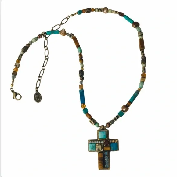 Vintage Michal Golan Cross Necklace Turquoise,Tiger Eye Gemstone Mosaic - Picture 2 of 9